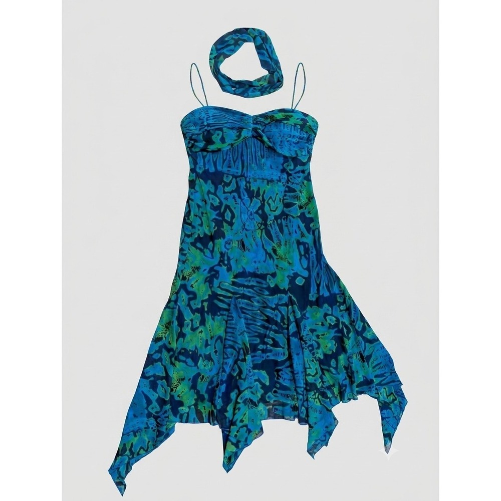 Y2K Blue Green Abstract Asymmetric Dress Scarf Included Metaphor Size 15